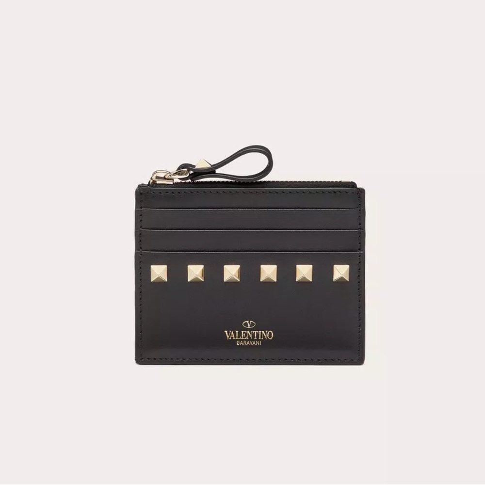 Valentino black leather gold stud card holder